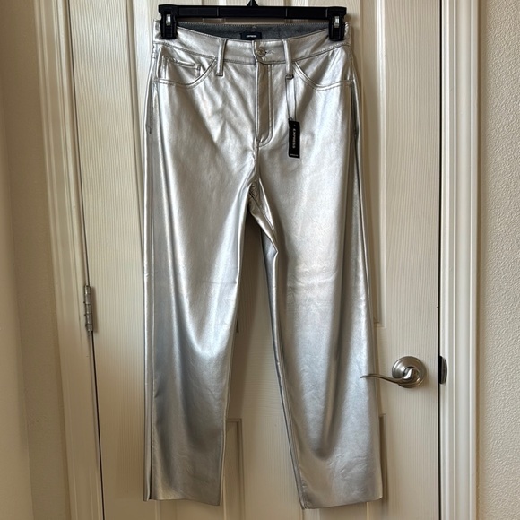 NWT Express Metallic silver faux leather Straight Ankle high rise oants size 6R - Picture 1 of 8